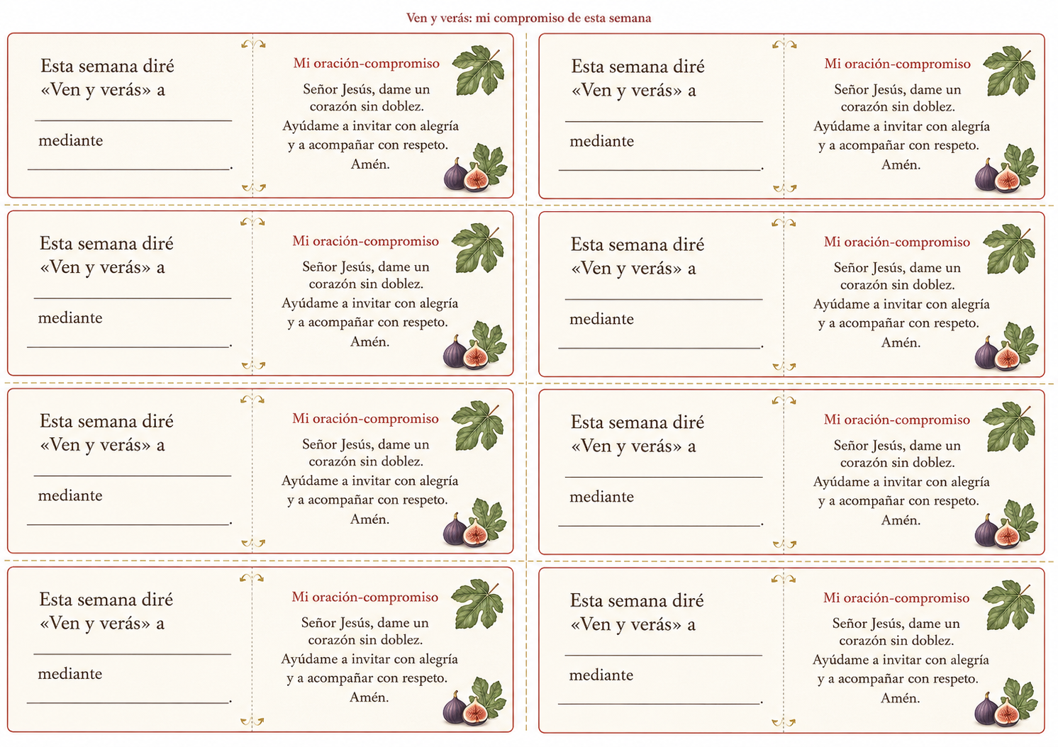 Tarjetas plegables con un compromiso evangelizador y una oración