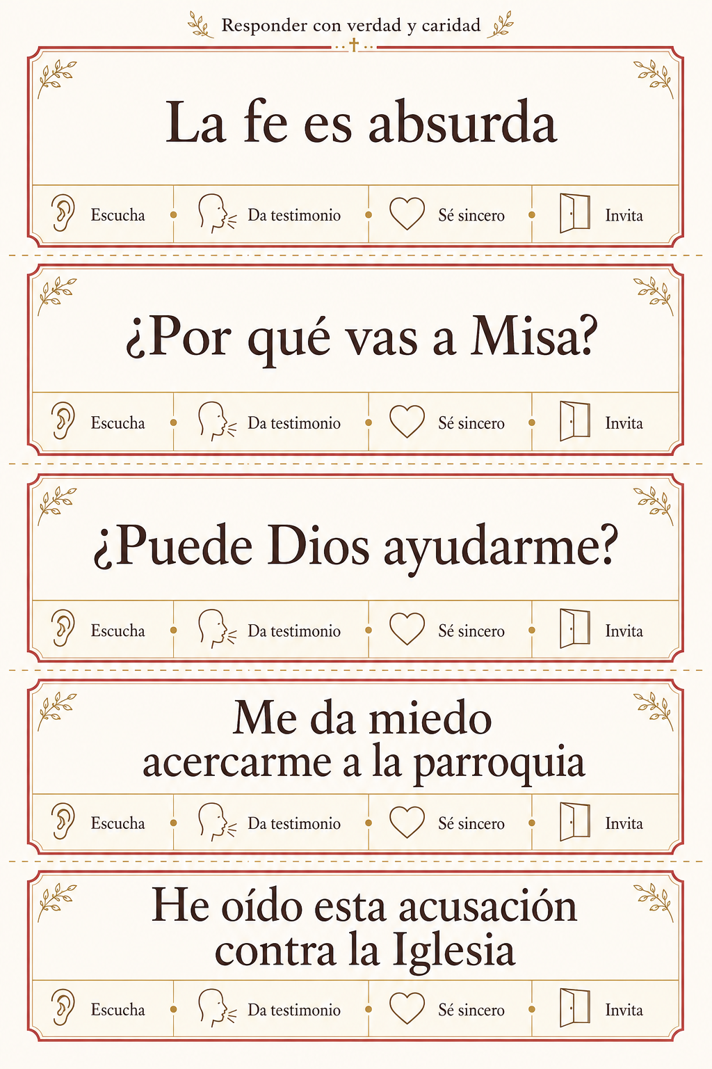 Tarjetas para practicar cómo escuchar, dar testimonio, ser sincero e invitar
