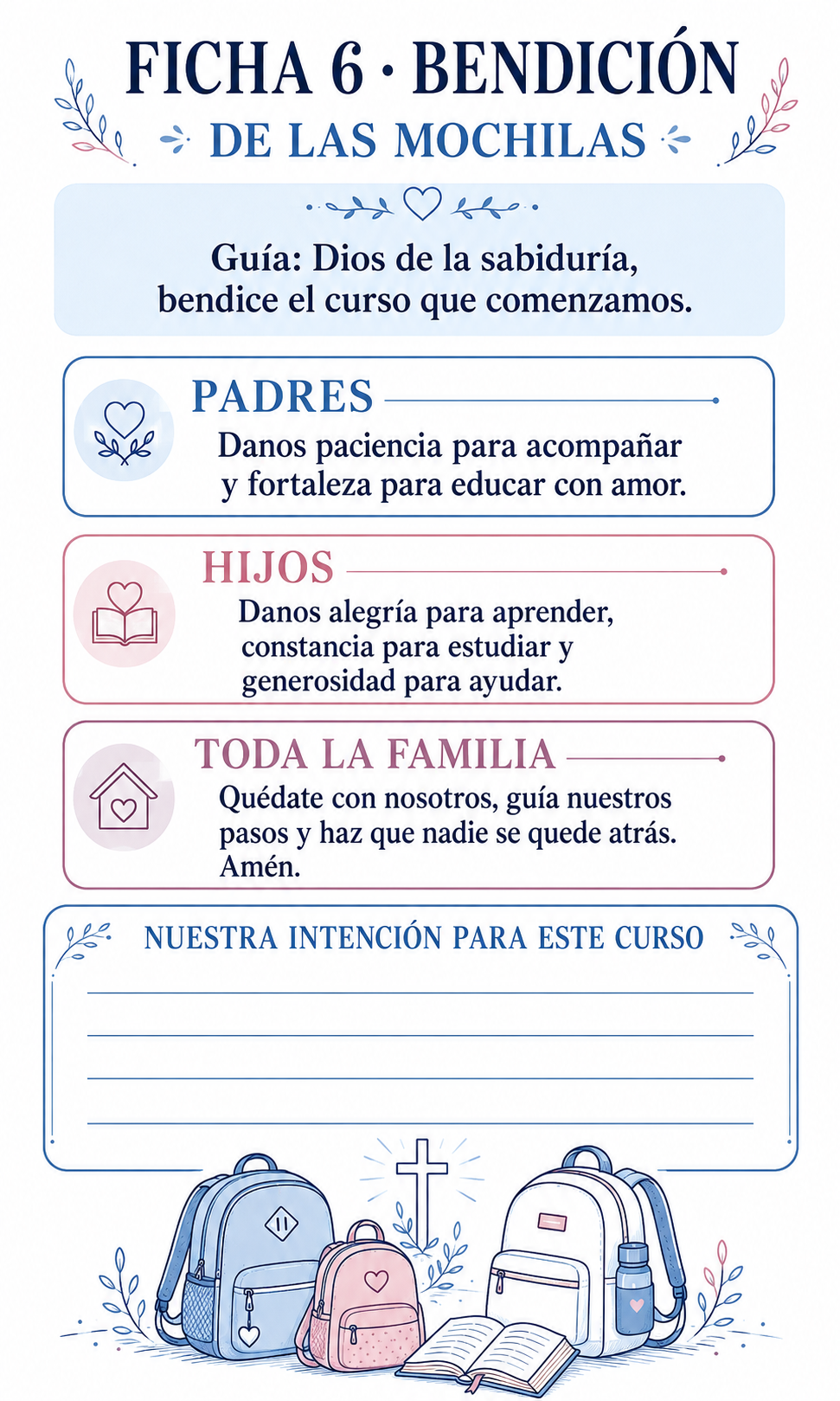 Lámina orante para la bendición de las mochilas